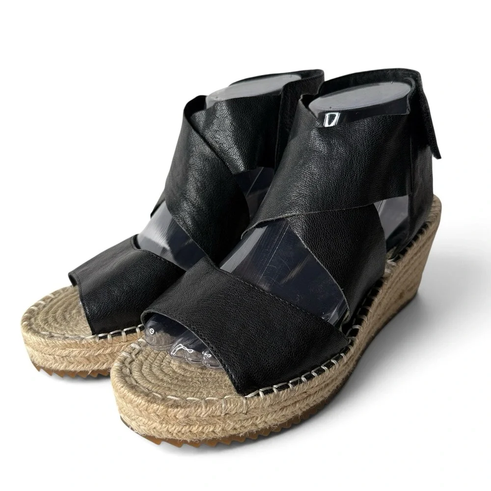 New Eileen Fisher 9.5 Willow Platform Wedge Espadrille Sandals Tumbled Leather